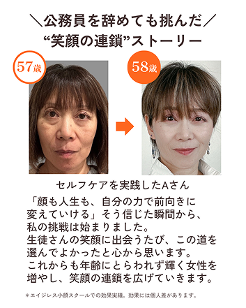 公務員を辞めても挑んだ笑顔の連鎖ストーリー　57歳から58歳での変化　セルフケアを実践したAさん「顔も人生も、自分の力で前向きに変えていける」そう信じた瞬間から、私の挑戦は始まりました。生徒さんの笑顔に出会うたび、この道を選んでよかったと心から思います。これからも年齢にとらわれず輝く女性を増やし、笑顔の連鎖を広げていきます。＊エイジレス小顔スタールでの効果実績。効果には個人差があります。